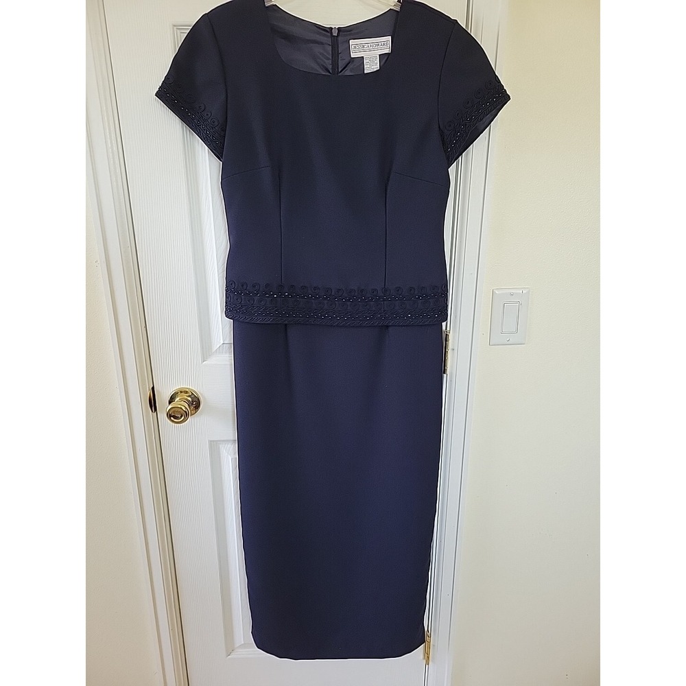 Jessica Howard Dress Size 8 Dark Blue Beaded Embellished Maxi Pencil Lined